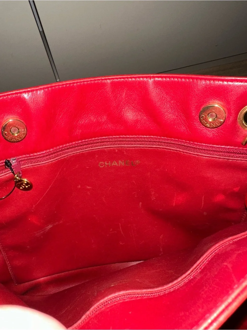 Chanel 90’s Red CC Lambskin Tote with Gold Chain-Detail Straps